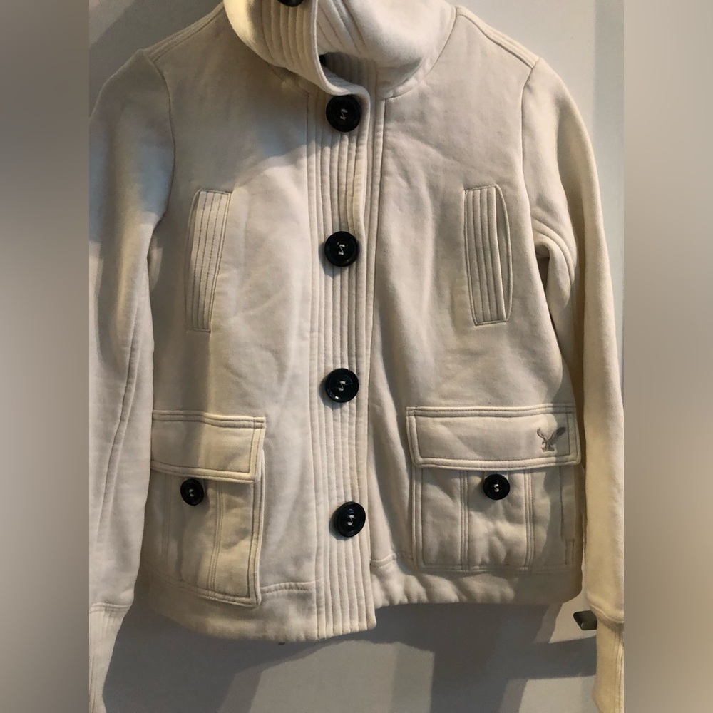 American Eagle Outfitters Cream Bomber Jacket with Black Plaid Collar - Picture 2 of 13